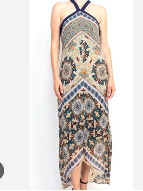 Emma & Michele Navy and Cream Boho Halter Maxi Dress Sz 12 Handkerchief